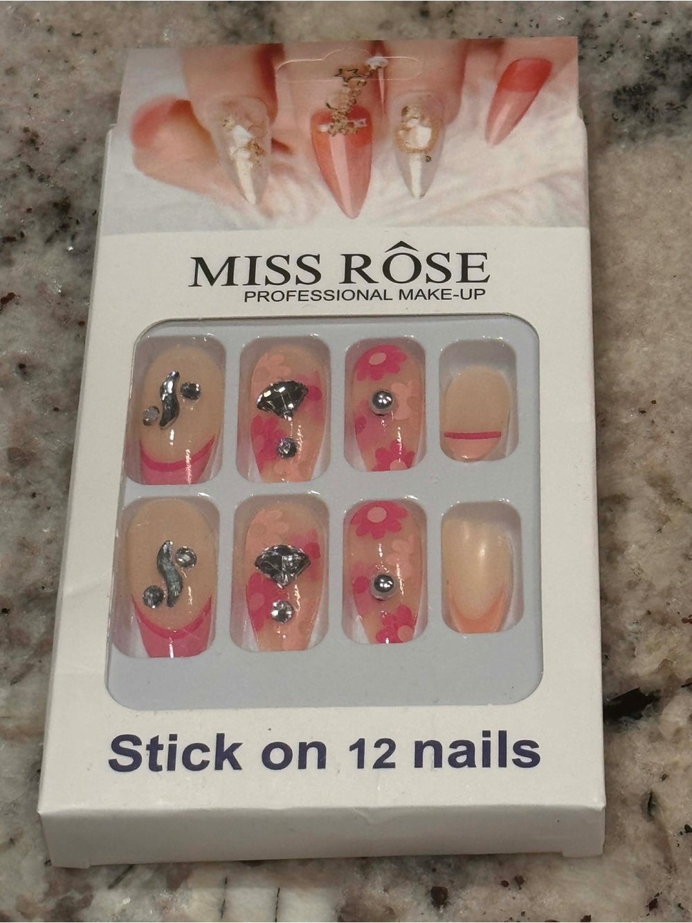 MISS ROSE Pink Floral Stick-On Nail Set NEW IN BOX